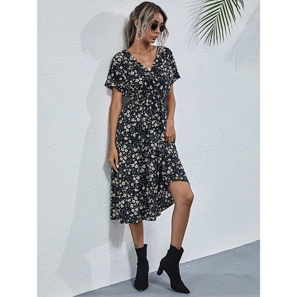 boho yellow Floral Shirred Wrap midi Dress - Picture 7 of 10